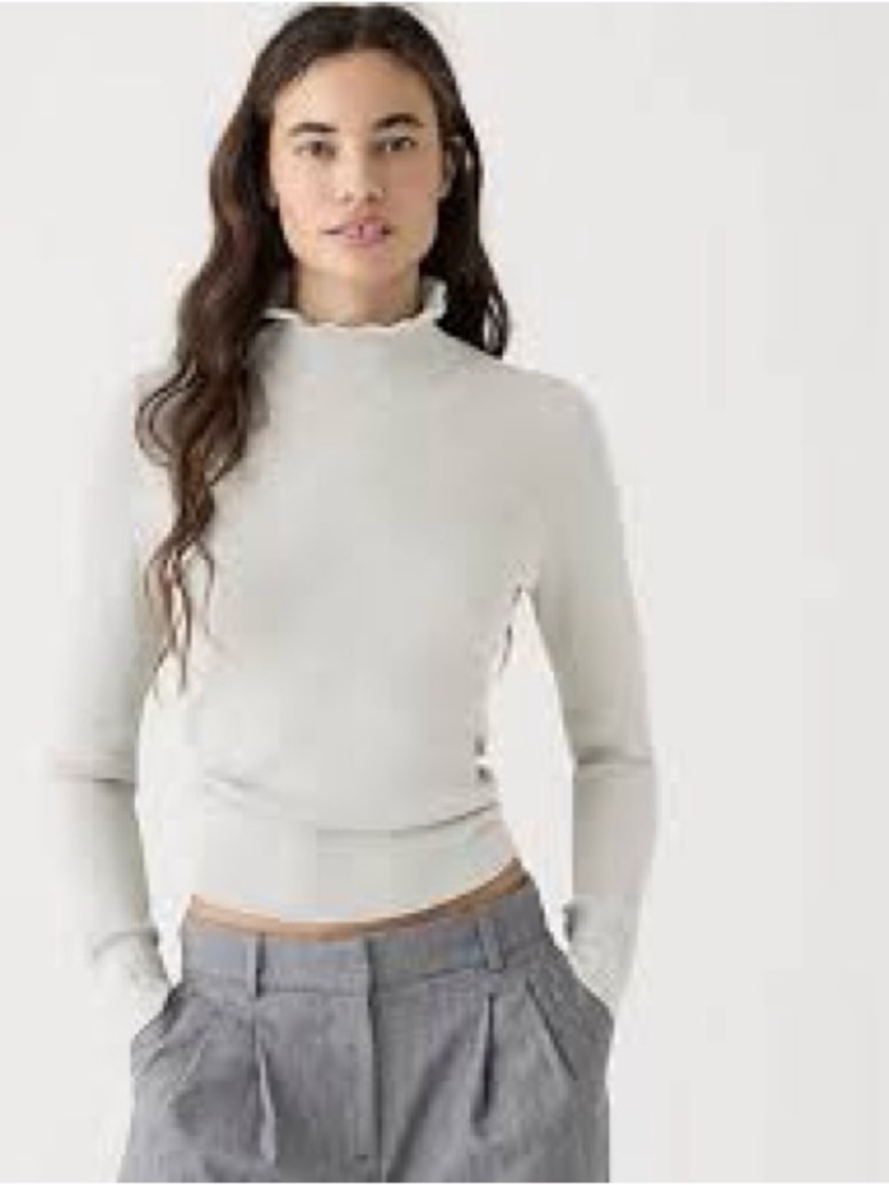 J.Crew NWT Merino Wool Ruffle Mock Neck Sweater Silver Gray Size M - Picture 2 of 7